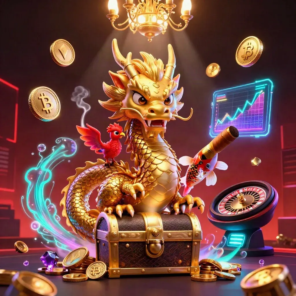Drago d'oro 3D con fenice, carpa, tesori e luci neon in una sala da casinò futuristica.