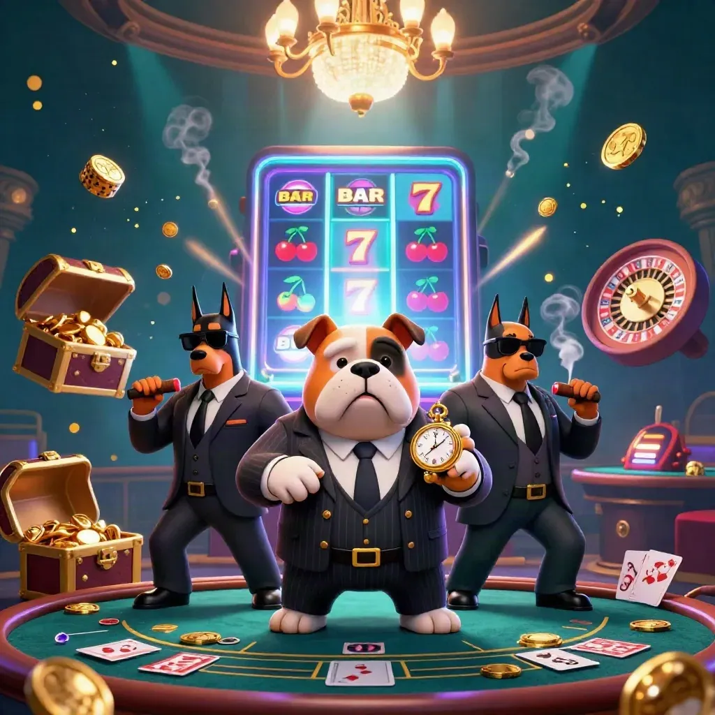 Bulldog mafioso 3D e due dobermann tra slot, ruota e tesoro in luce neon.