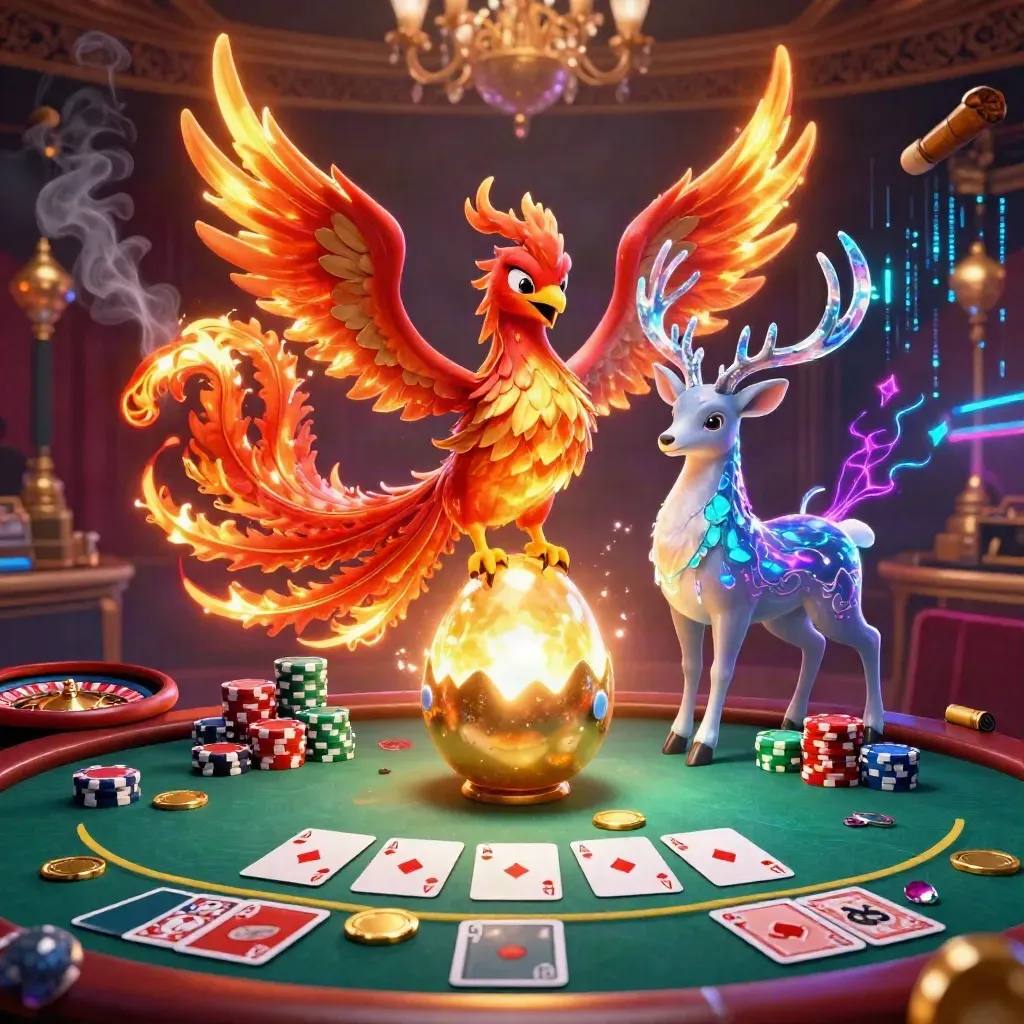 Fenice, cervo magico e pulcino fenice tra tavolo da casinò neon e ruota in corsa