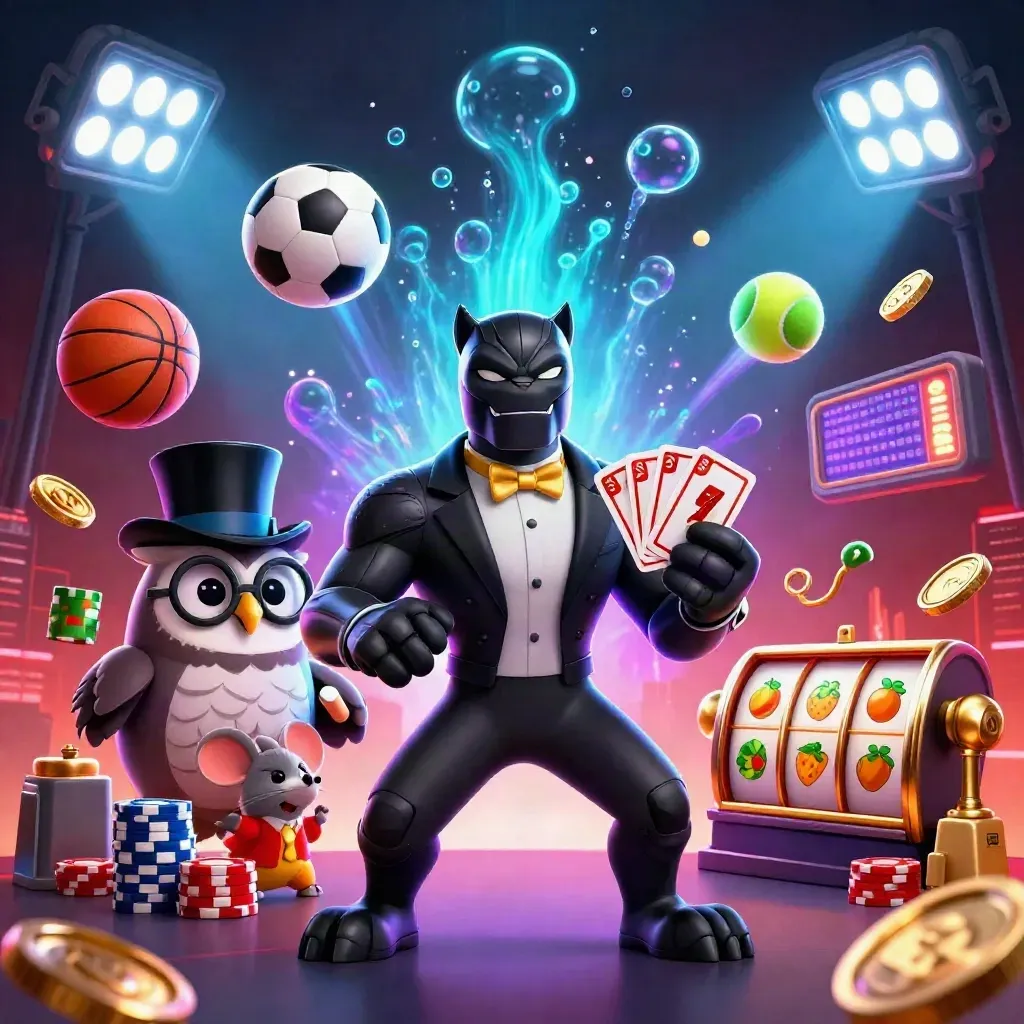 Pantera, gufo e topo in scena casino neon con carte, fiches, trofeo e sfere sportive