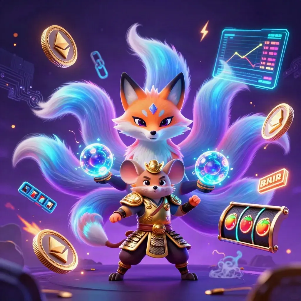 Volpe a nove code e topo samurai dorato tra monete crypto e luci neon fantasy.