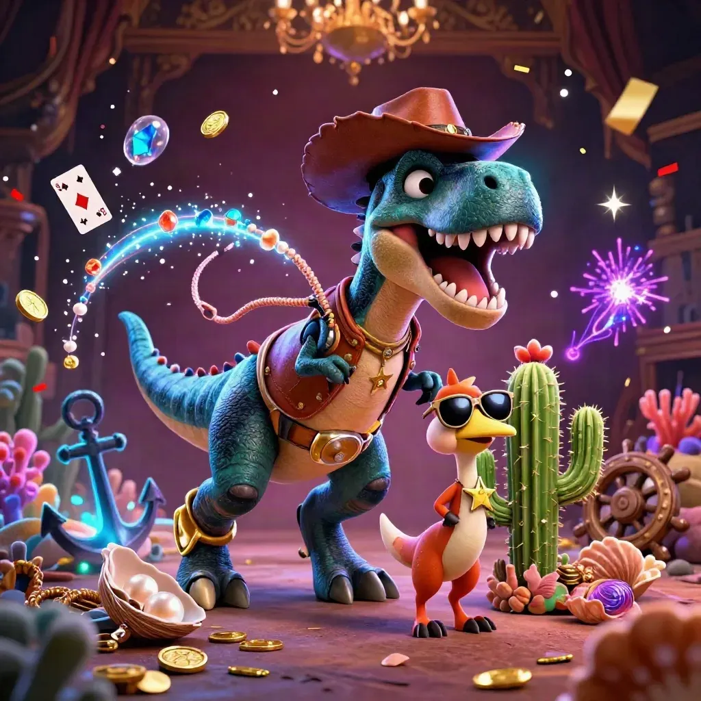 T-Rex cowboy, cactus e roadrunner in grotta del tesoro neon con monete, coralli e bagliori.