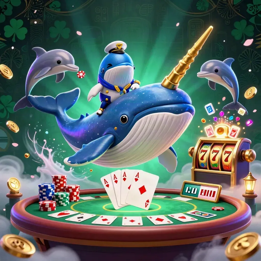 Balena capitano, narvalo e delfini tra chips, carte, monete e bagliori neon.