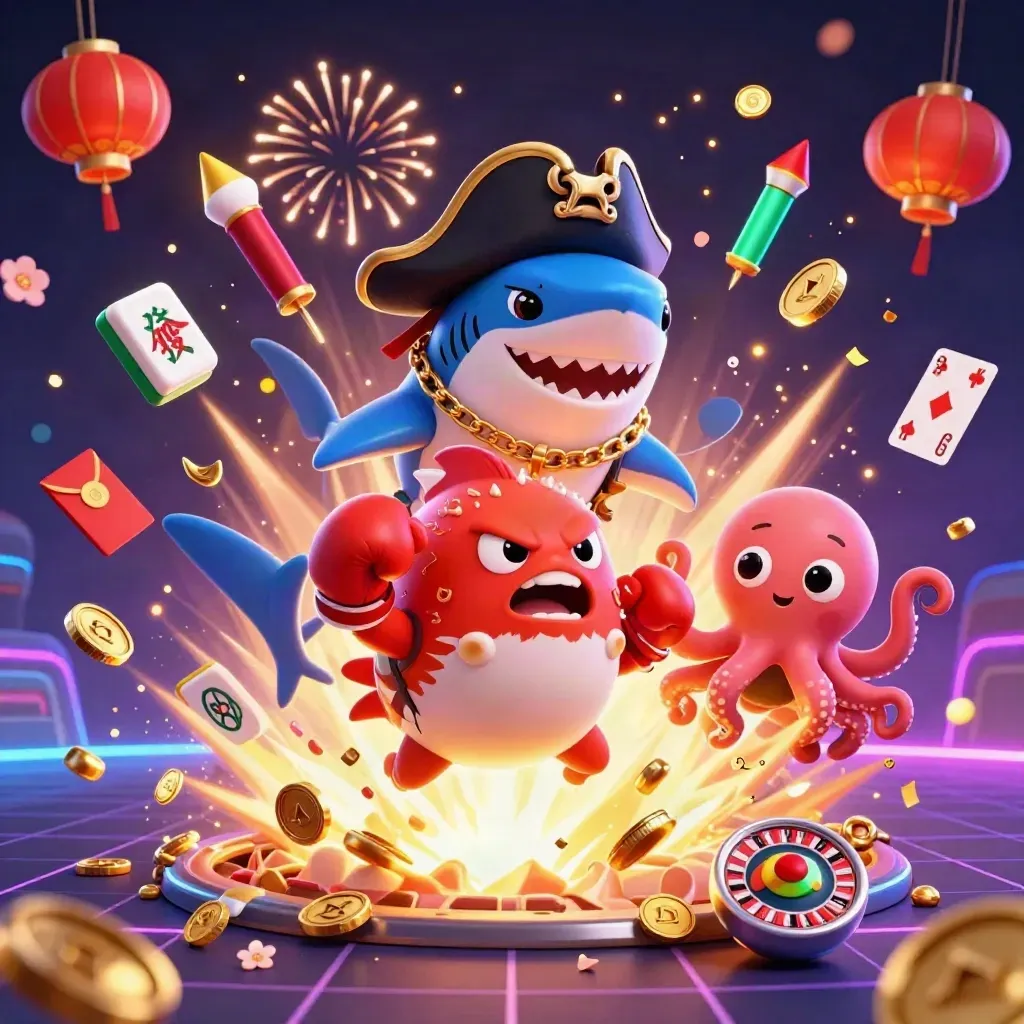 Squalo pirata, pesce palla e polipetto tra monete, lanterne e fuochi neon.