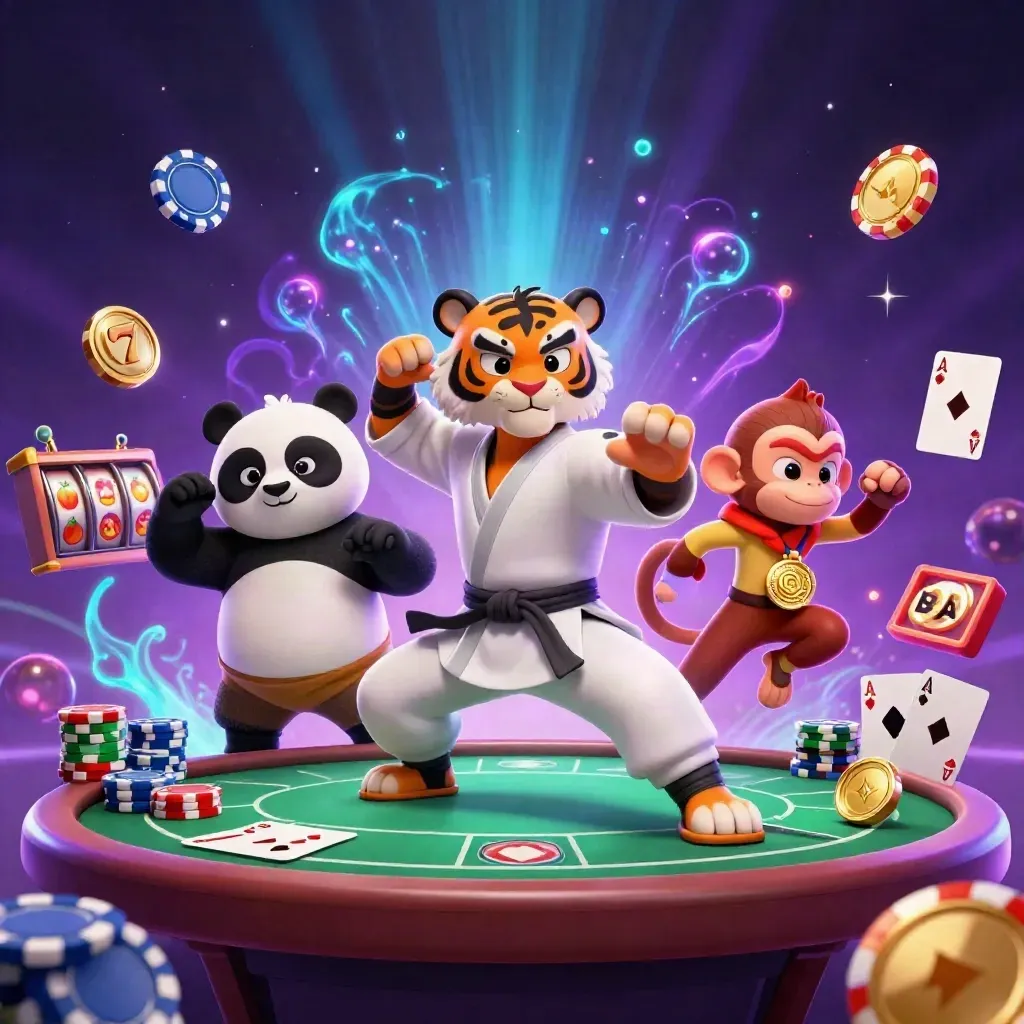 Tigre kung-fu, panda e scimmia tra poker, gettoni e slot in luce neon
